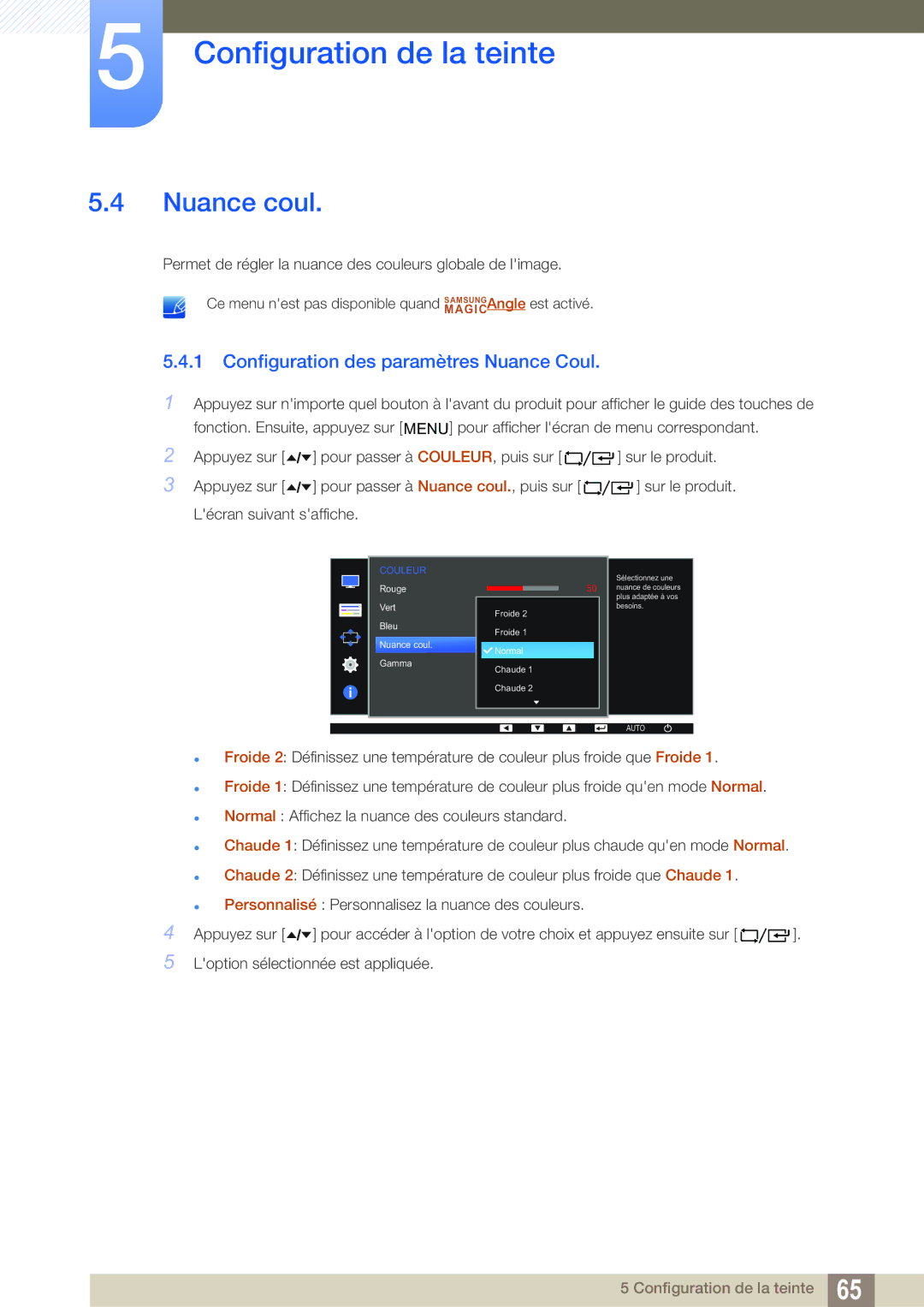 Samsung LF22FT2WFPZXEN, LF24FT2WFPZXEN manual Nuance coul, Configuration des paramètres Nuance Coul 