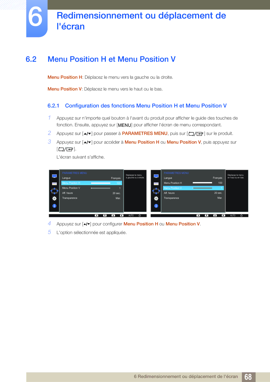 Samsung LF24FT2WFPZXEN, LF22FT2WFPZXEN manual Configuration des fonctions Menu Position H et Menu Position 