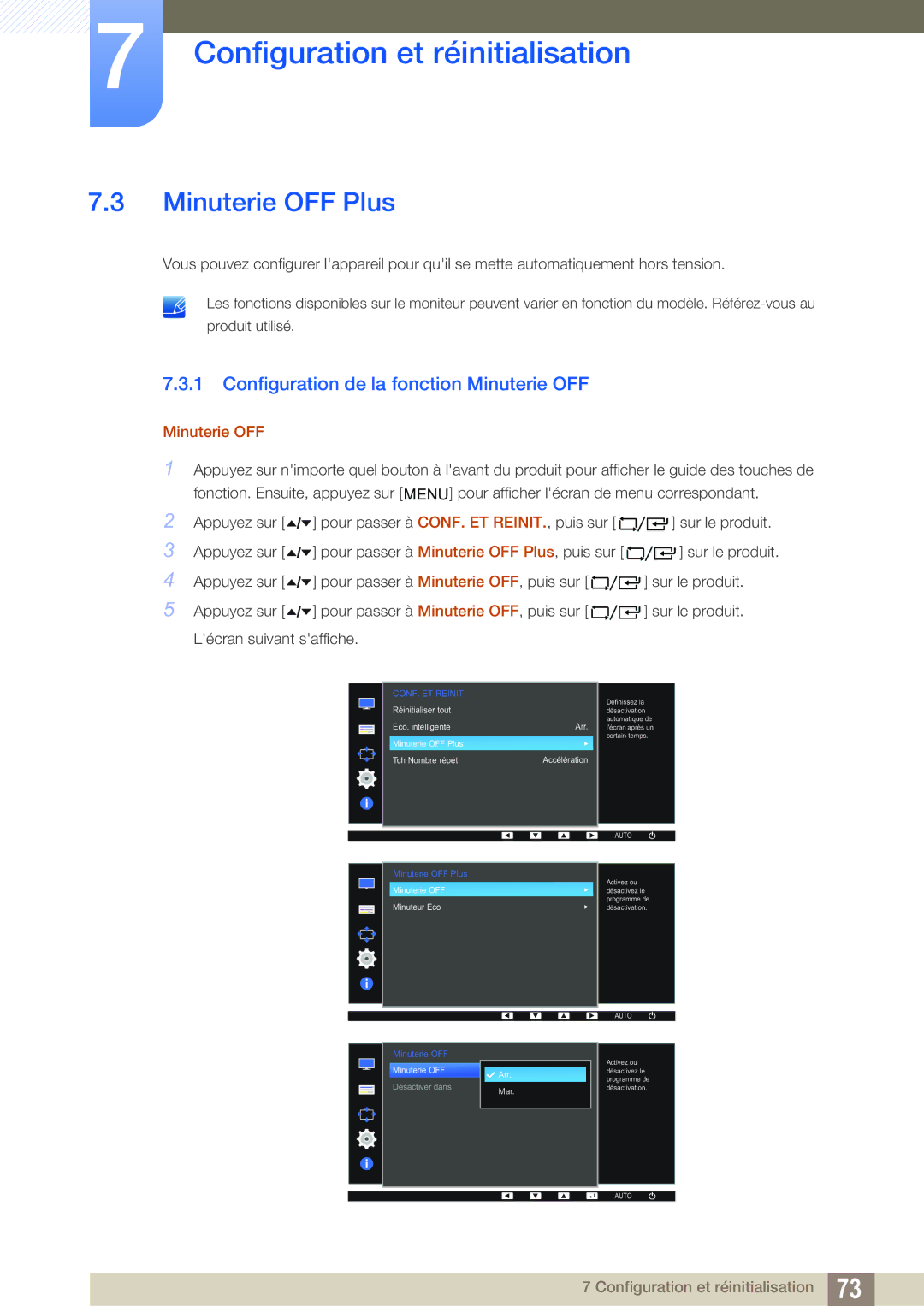 Samsung LF22FT2WFPZXEN, LF24FT2WFPZXEN manual Minuterie OFF Plus, Configuration de la fonction Minuterie OFF 