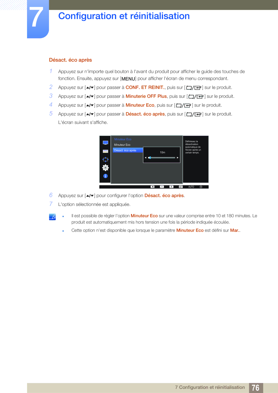 Samsung LF24FT2WFPZXEN, LF22FT2WFPZXEN manual Désact. éco après, Minuteur Eco 