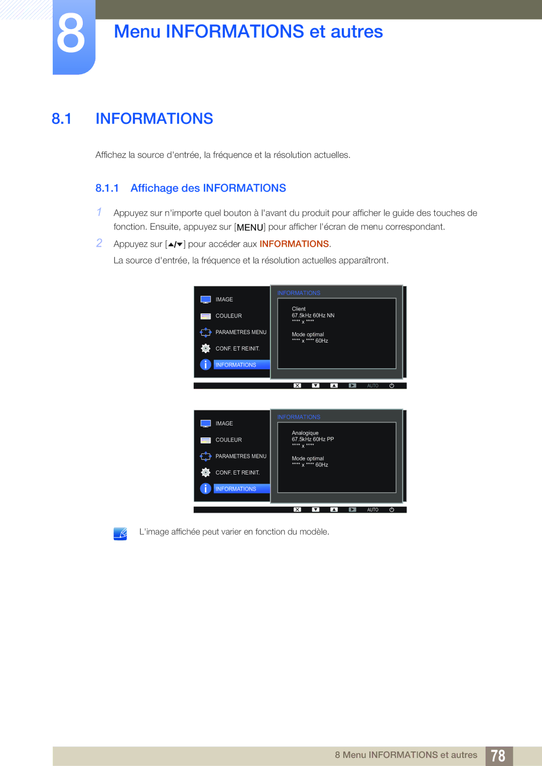 Samsung LF24FT2WFPZXEN, LF22FT2WFPZXEN manual Menu Informations et autres, Affichage des Informations 