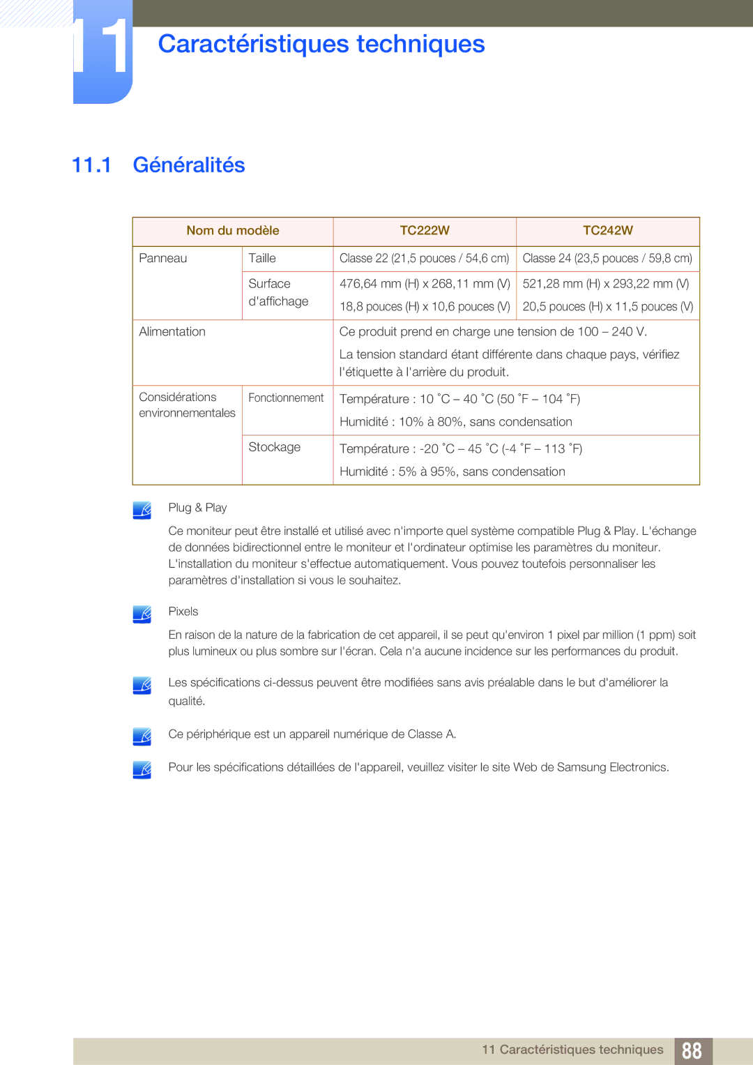 Samsung LF24FT2WFPZXEN, LF22FT2WFPZXEN manual Caractéristiques techniques, 11.1 Généralités 