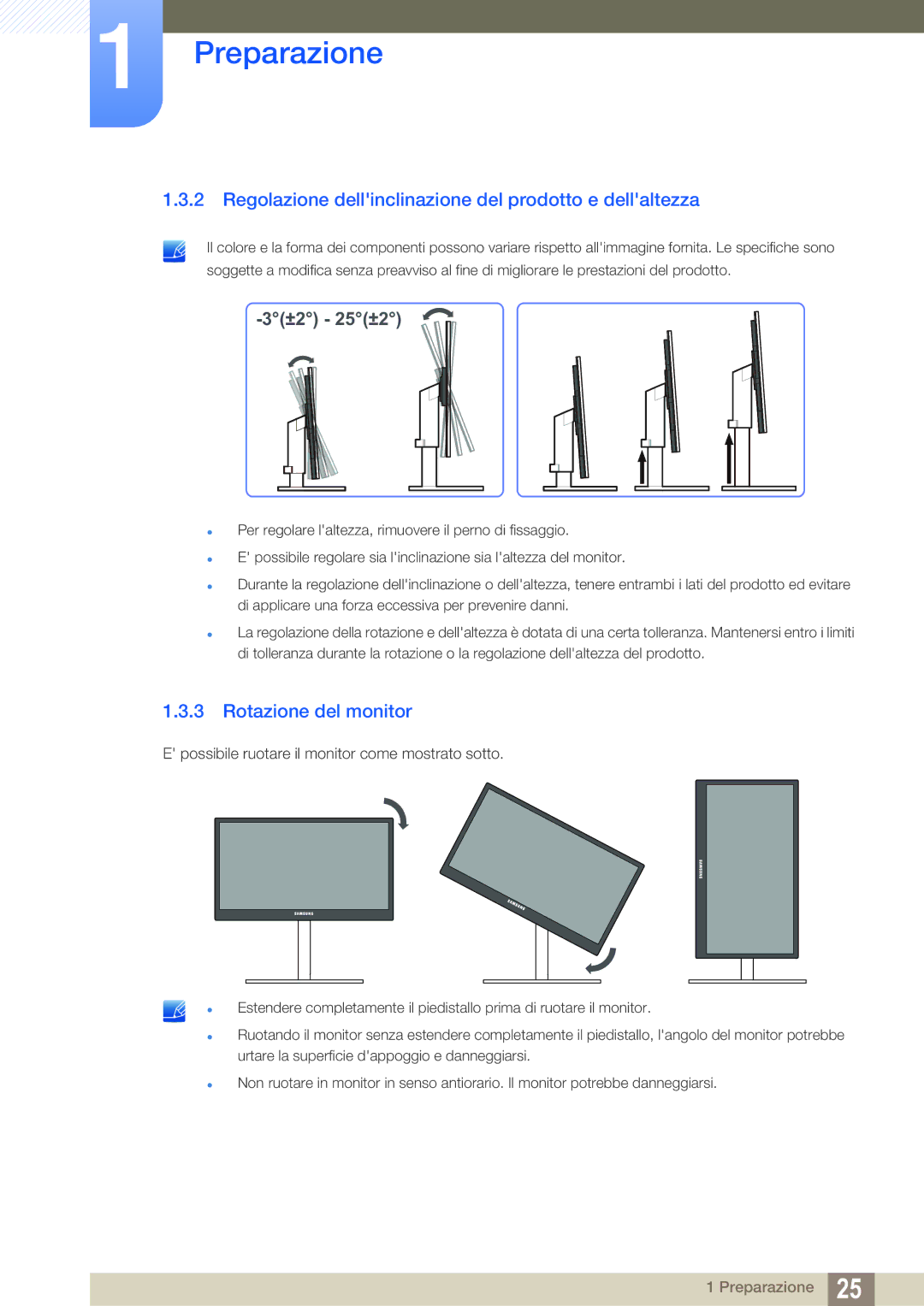 Samsung LF22FT2WFPZXEN, LF24FT2WFPZXEN manual Regolazione dellinclinazione del prodotto e dellaltezza, Rotazione del monitor 