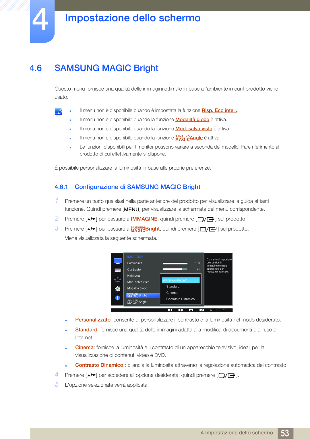 Samsung LF22FT2WFPZXEN, LF24FT2WFPZXEN manual Configurazione di Samsung Magic Bright 