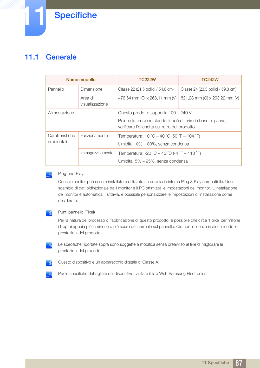 Samsung LF22FT2WFPZXEN, LF24FT2WFPZXEN manual Specifiche, Generale 