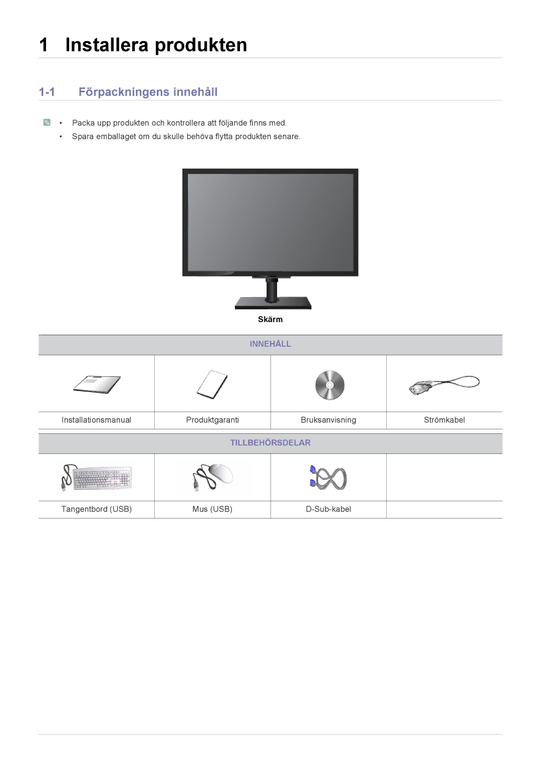 Samsung LF19MGSLBR/EN, LF24MGSLB1/EN, LF24MGSLBR/EN, LF19MGSLBP/EN manual Installera produkten, Förpackningens innehåll 