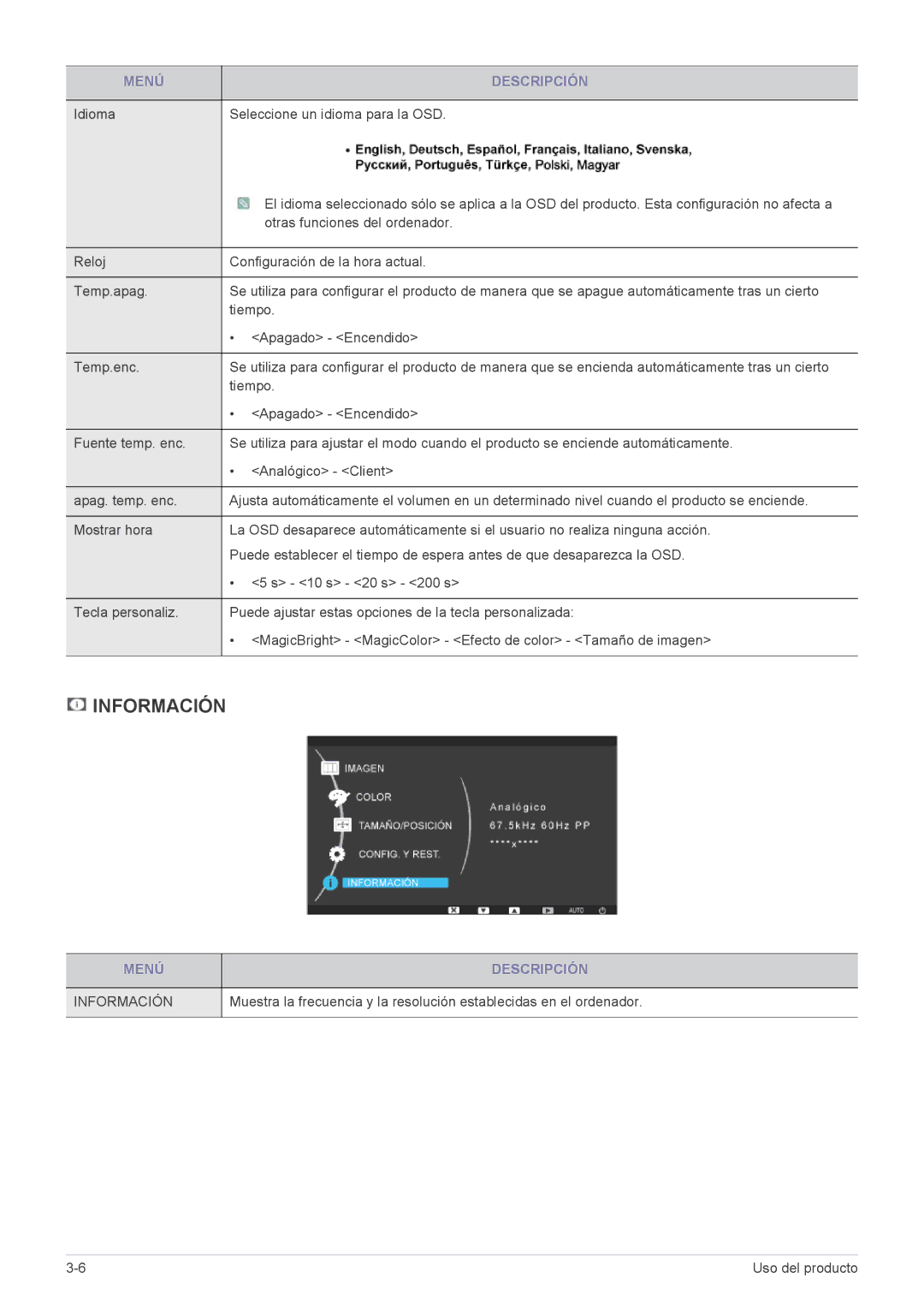 Samsung LF19MGSLBJ/EN, LF24MGSLB1/EN, LF24MGSLBR/EN, LF19MGSLBR/EN manual Información, Idioma Seleccione un idioma para la OSD 