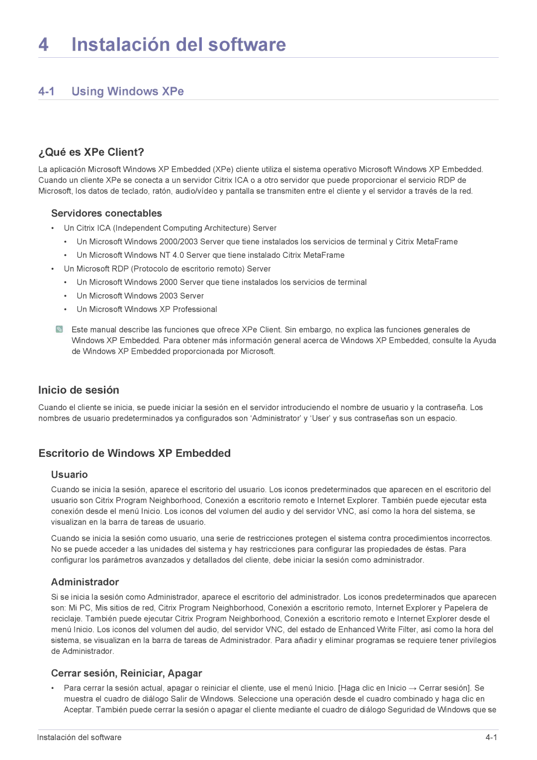 Samsung LF24MGSLBJ/EN, LF24MGSLB1/EN Instalación del software, Using Windows XPe, ¿Qué es XPe Client?, Inicio de sesión 