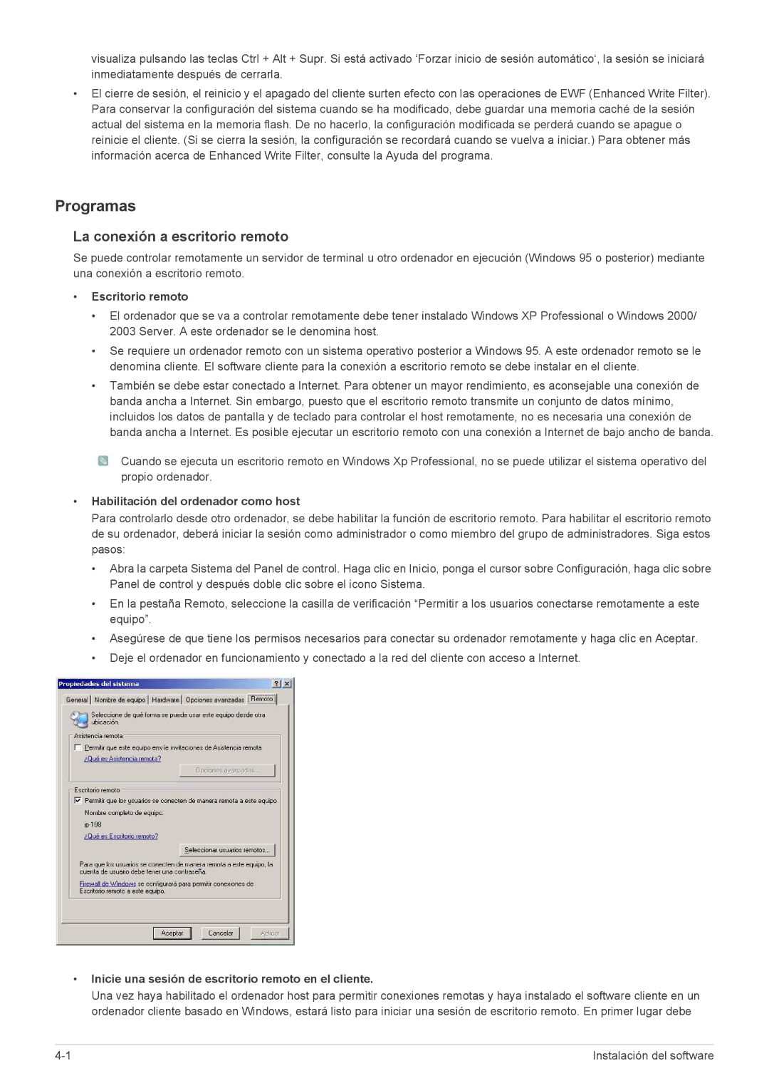 Samsung LF24MGSLB1/EN Programas, La conexión a escritorio remoto, Escritorio remoto, Habilitación del ordenador como host 