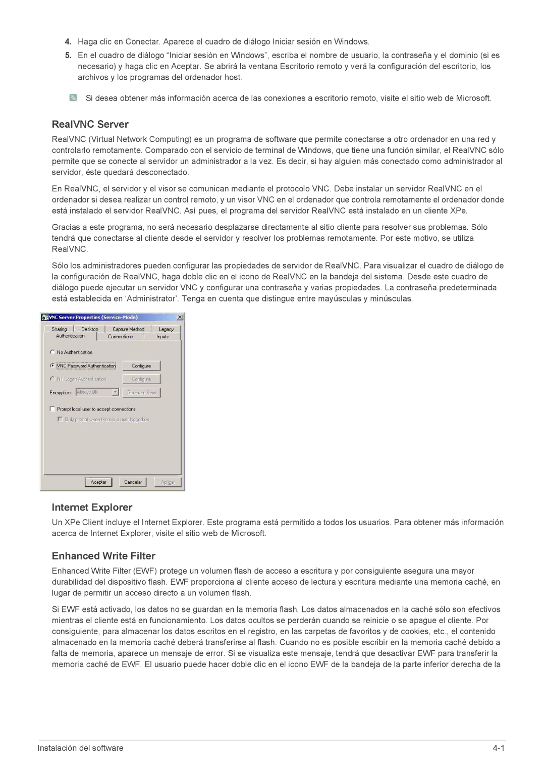 Samsung LF19MGSLBP/EN, LF24MGSLB1/EN, LF24MGSLBR/EN, LF19MGSLBR/EN RealVNC Server, Internet Explorer, Enhanced Write Filter 