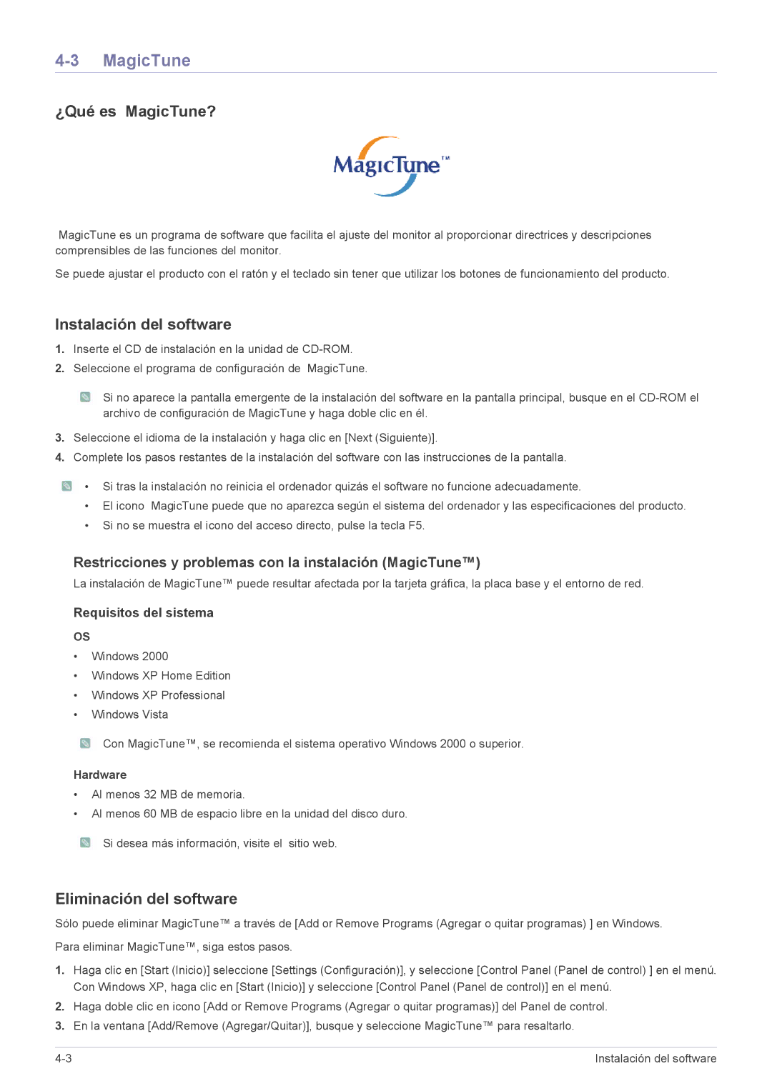 Samsung LF19MGSLBR/EN, LF24MGSLB1/EN manual ¿Qué es MagicTune?, Instalación del software, Eliminación del software 