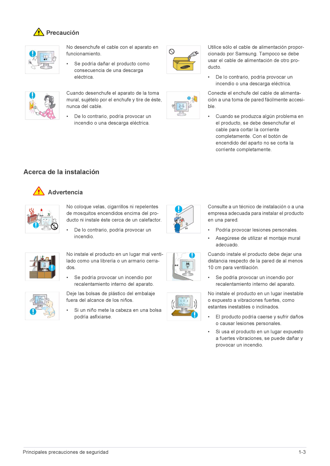 Samsung LF24MGSLBJ/EN, LF24MGSLB1/EN, LF24MGSLBR/EN, LF19MGSLBR/EN, LF19MGSLBP/EN manual Acerca de la instalación, Precaución 