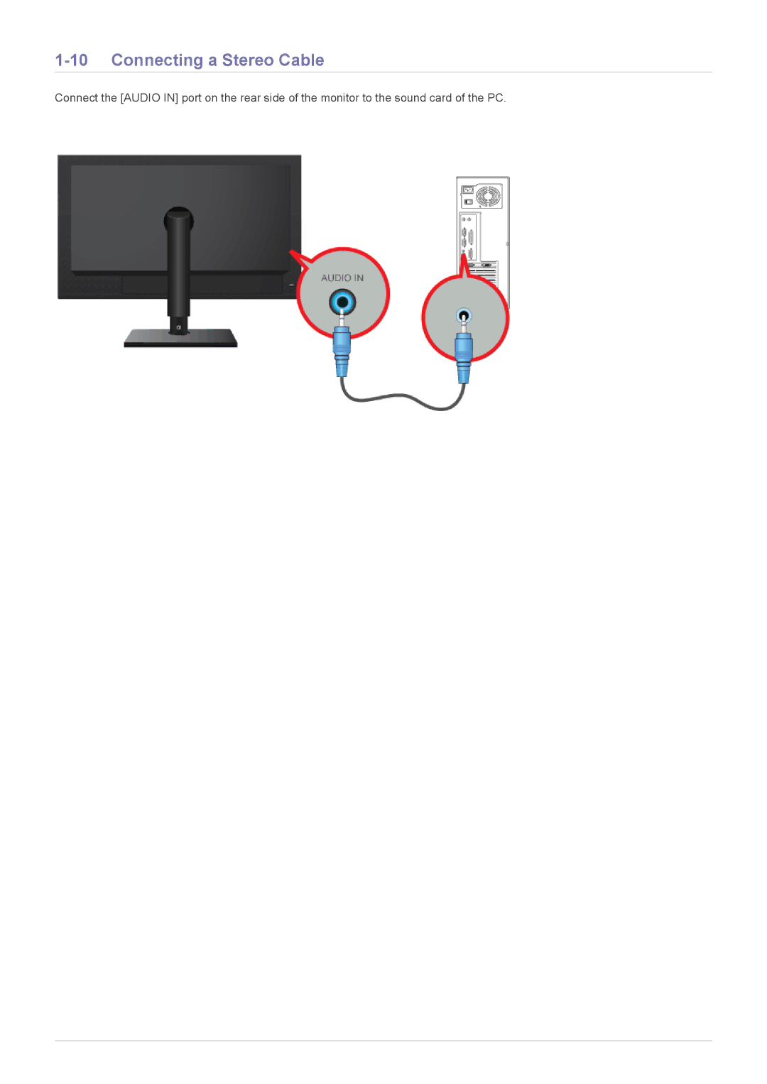 Samsung LF24MGSLB1/EN, LF24MGSLB2/EN, LF24MGSLBR/EN, LF19MGSLBR/EN, LF19MGSLBP/EN, LF24MGSLBP/EN Connecting a Stereo Cable 