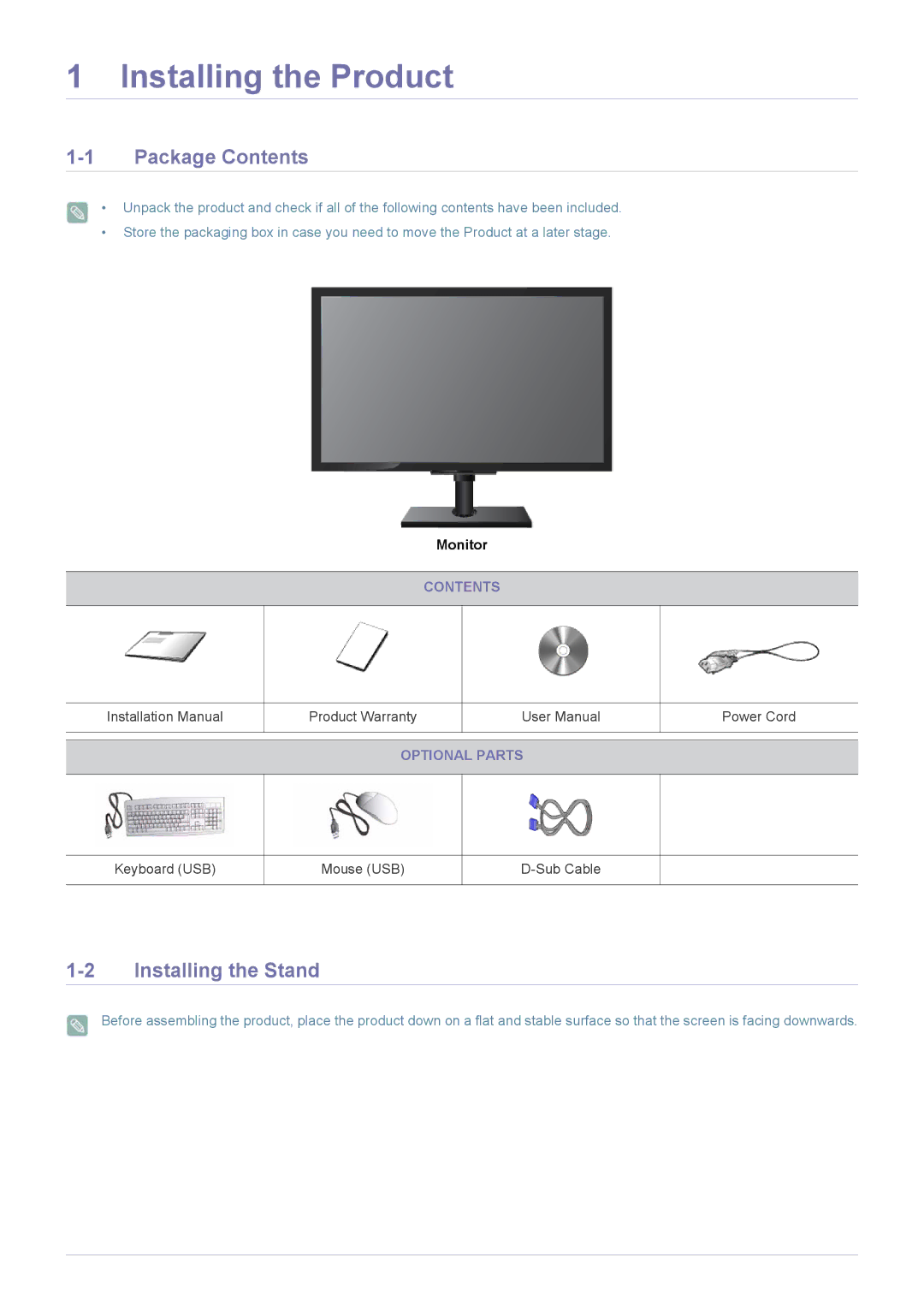 Samsung LF24MGSLBR/EN, LF24MGSLB2/EN, LF24MGSLB1/EN, LF19MGSLBR/EN, LF19MGSLBP/EN manual Package Contents, Installing the Stand 