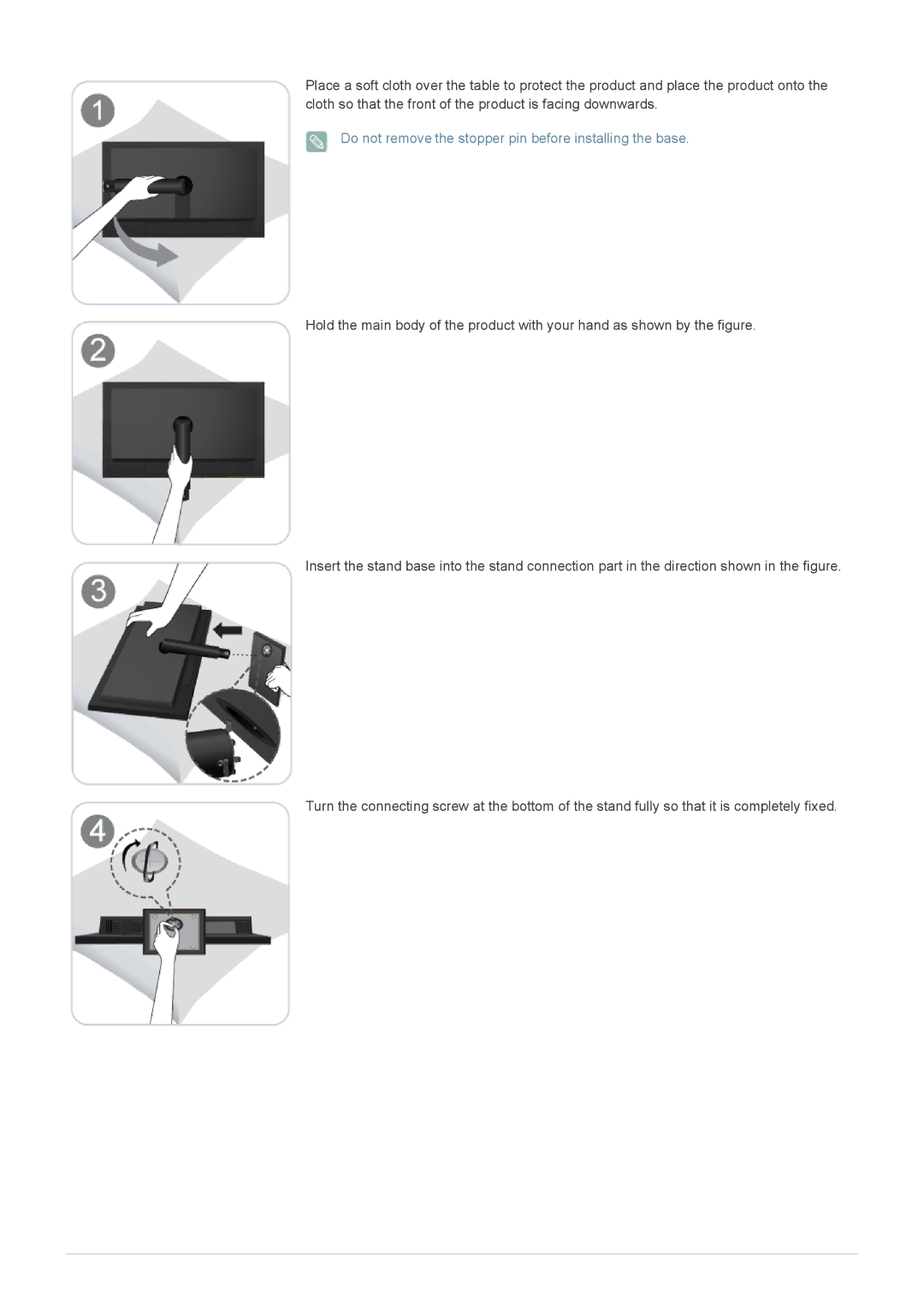 Samsung LF19MGSLBR/EN, LF24MGSLB2/EN, LF24MGSLB1/EN, LF24MGSLBR/EN Do not remove the stopper pin before installing the base 