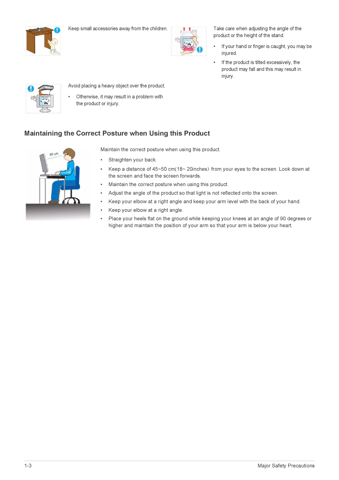 Samsung LF24MGSLB2/EN, LF24MGSLB1/EN, LF24MGSLBR/EN, LF19MGSLBR/EN Maintaining the Correct Posture when Using this Product 