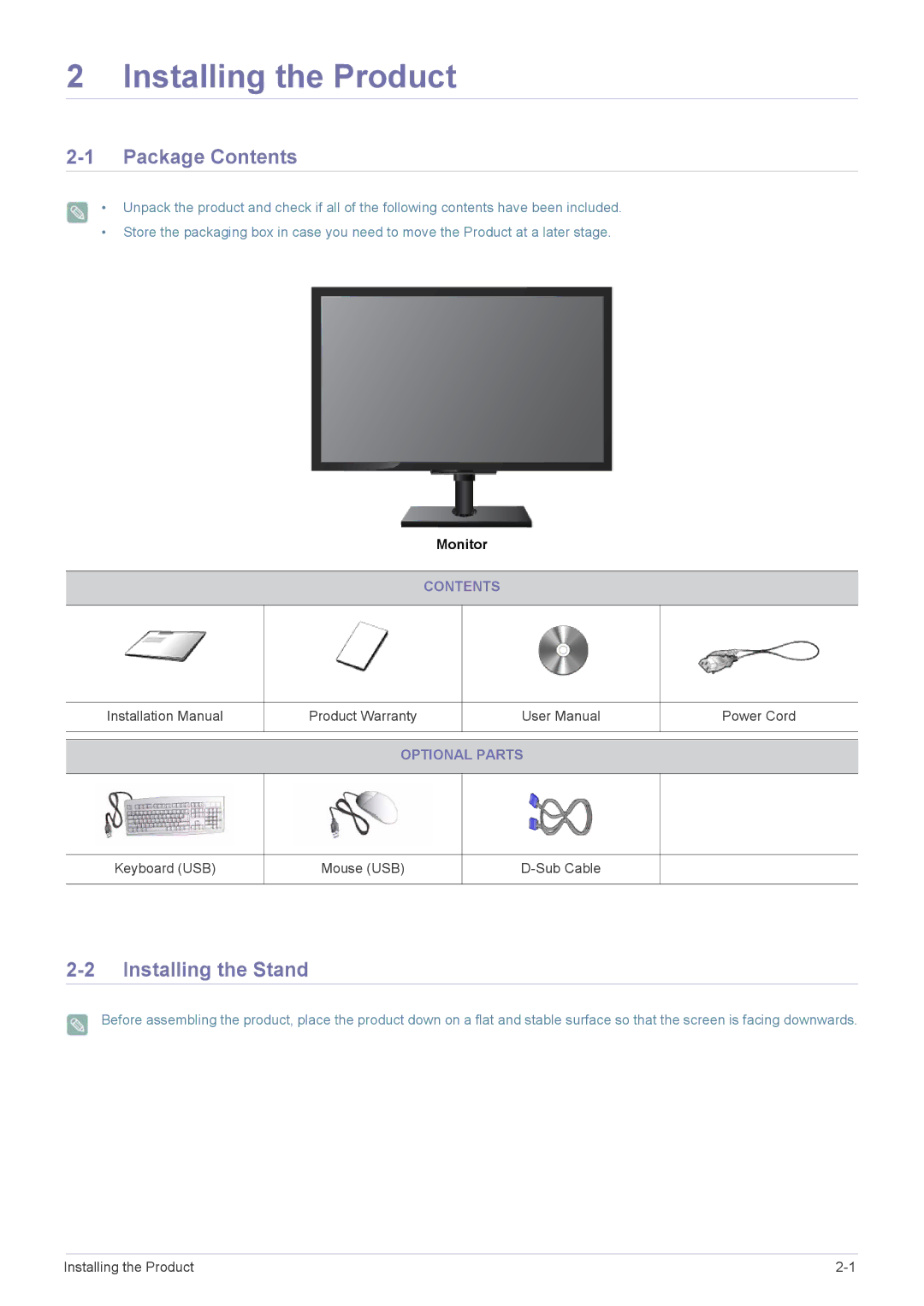 Samsung LF24MGSLB1/EN, LF24MGSLB2/EN, LF24MGSLBR/EN manual Installing the Product, Package Contents, Installing the Stand 