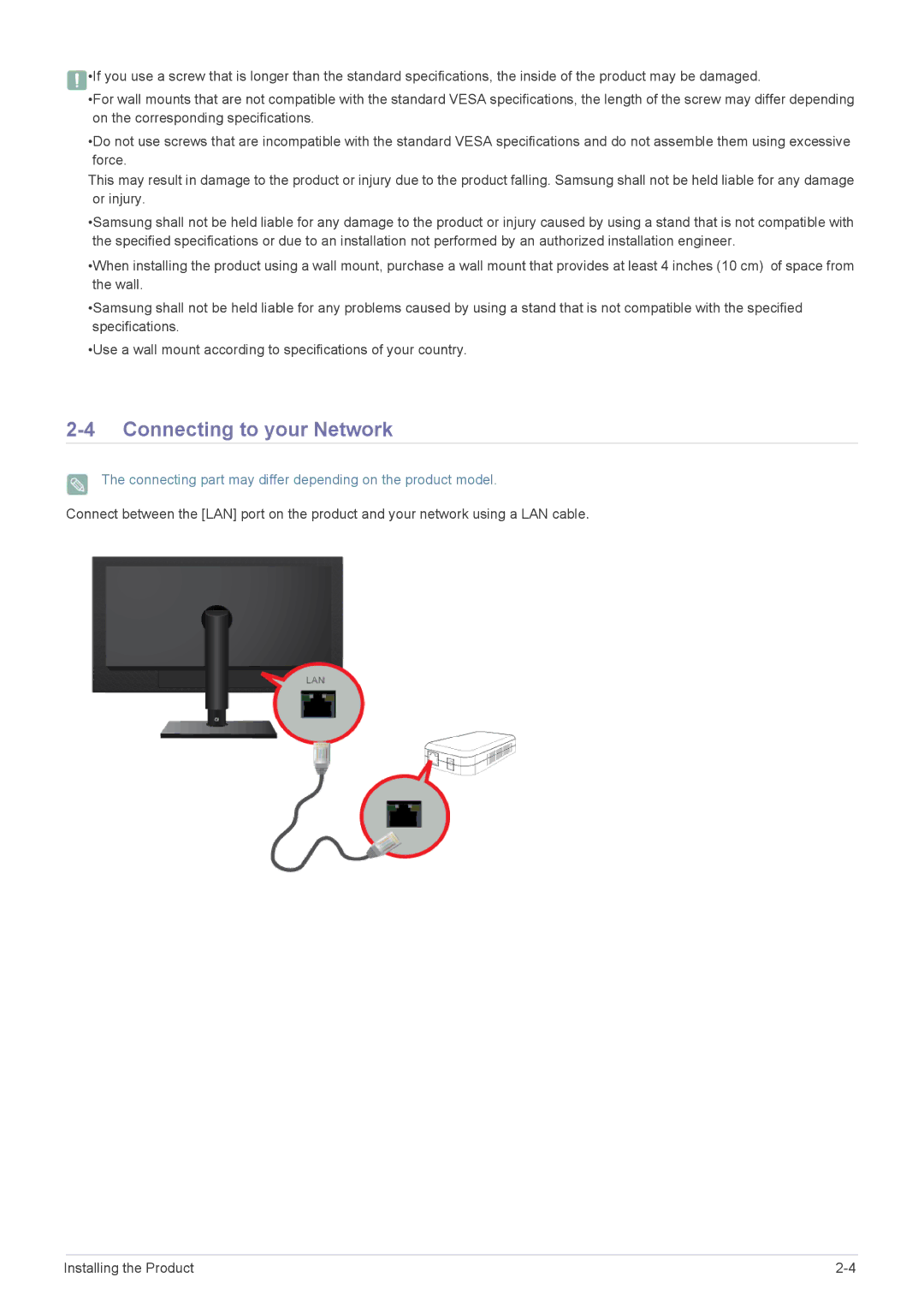 Samsung LF24MGSLBP/EN, LF24MGSLB2/EN Connecting to your Network, Connecting part may differ depending on the product model 