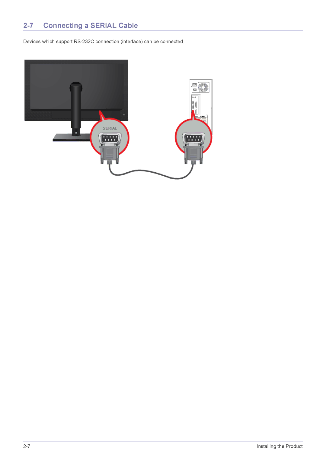 Samsung LF19MGSLBJ/EN, LF24MGSLB2/EN, LF24MGSLB1/EN, LF24MGSLBR/EN, LF19MGSLBR/EN, LF19MGSLBP/EN Connecting a Serial Cable 