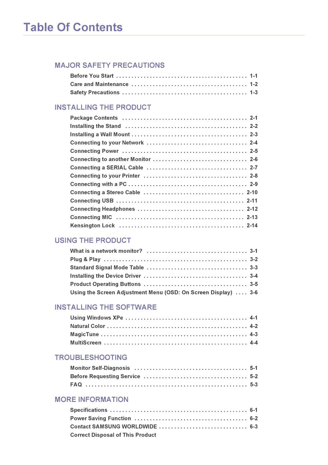 Samsung LF24MGSLBR/EN, LF24MGSLB2/EN, LF24MGSLB1/EN, LF19MGSLBR/EN, LF19MGSLBP/EN, LF24MGSLBP/EN manual Table Of Contents 