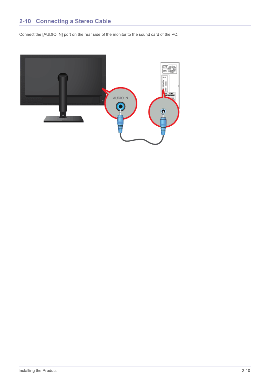 Samsung LF24MGSLB2/EN, LF24MGSLB1/EN, LF24MGSLBR/EN, LF19MGSLBR/EN, LF19MGSLBP/EN, LF24MGSLBP/EN Connecting a Stereo Cable 