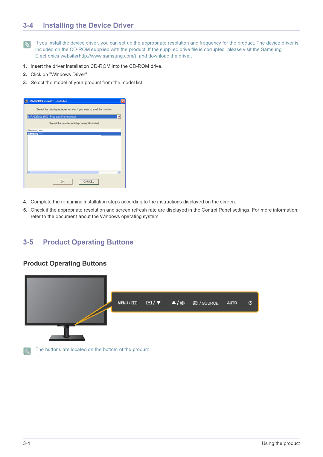 Samsung LF24MGSLBJ/EN, LF24MGSLB2/EN, LF24MGSLB1/EN, LF24MGSLBR/EN Installing the Device Driver, Product Operating Buttons 