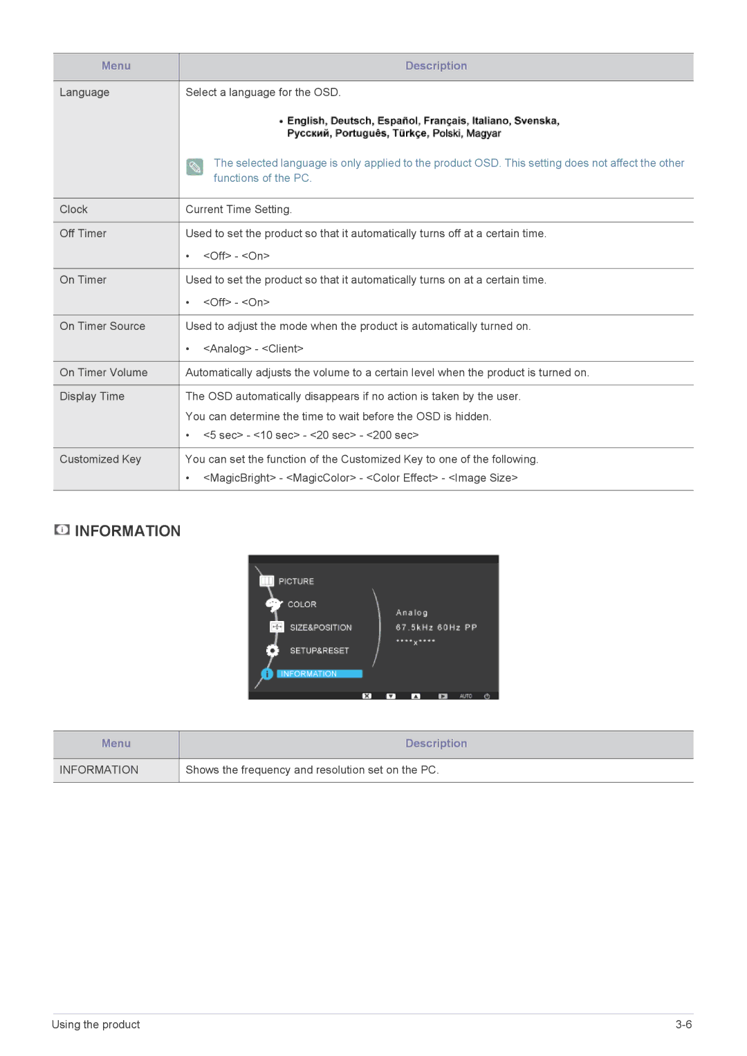 Samsung LF19MGSLBR/EN manual Language Select a language for the OSD, Shows the frequency and resolution set on the PC 