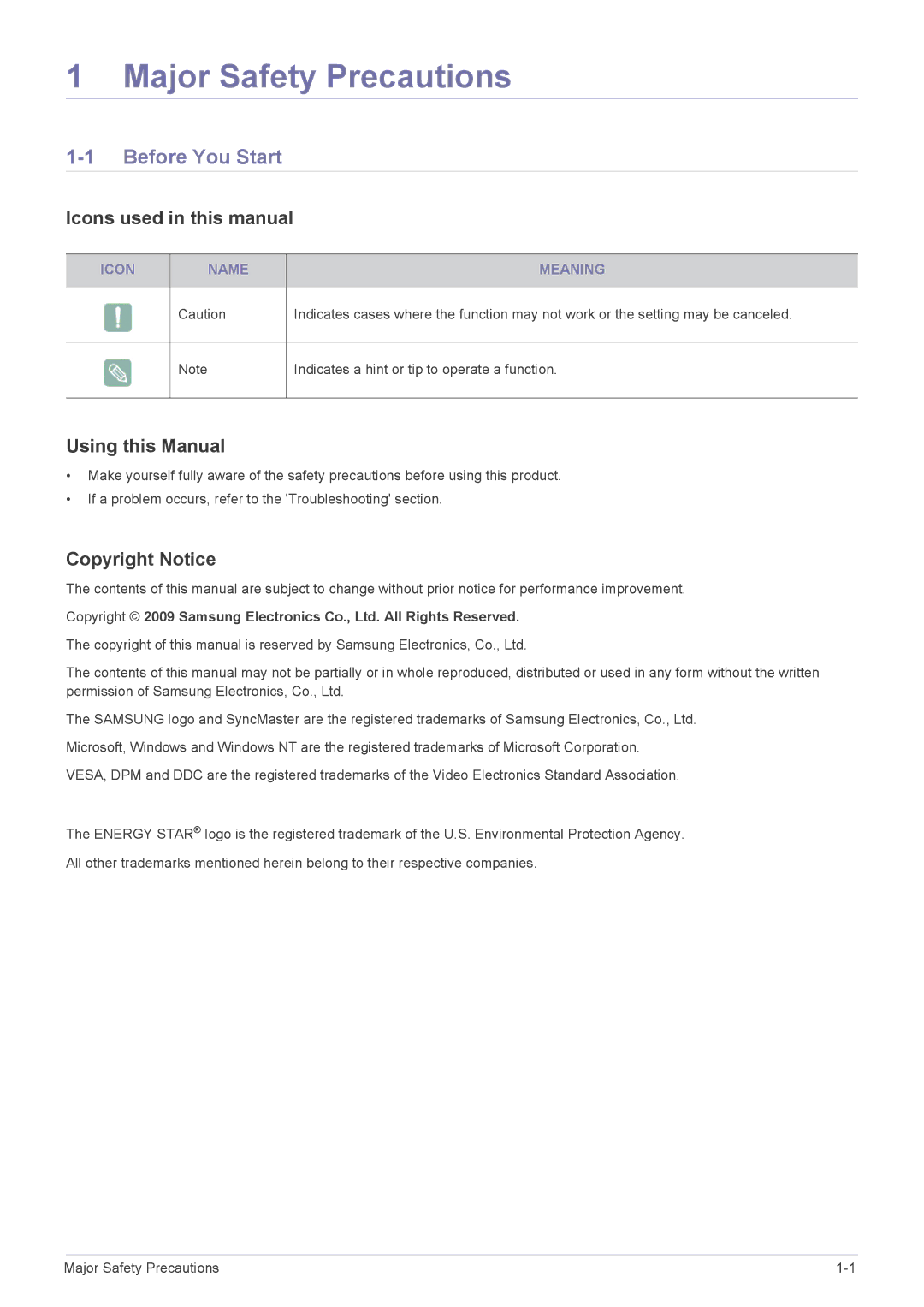 Samsung LF19MGSLBP/EN Major Safety Precautions, Before You Start, Icons used in this manual, Using this Manual 