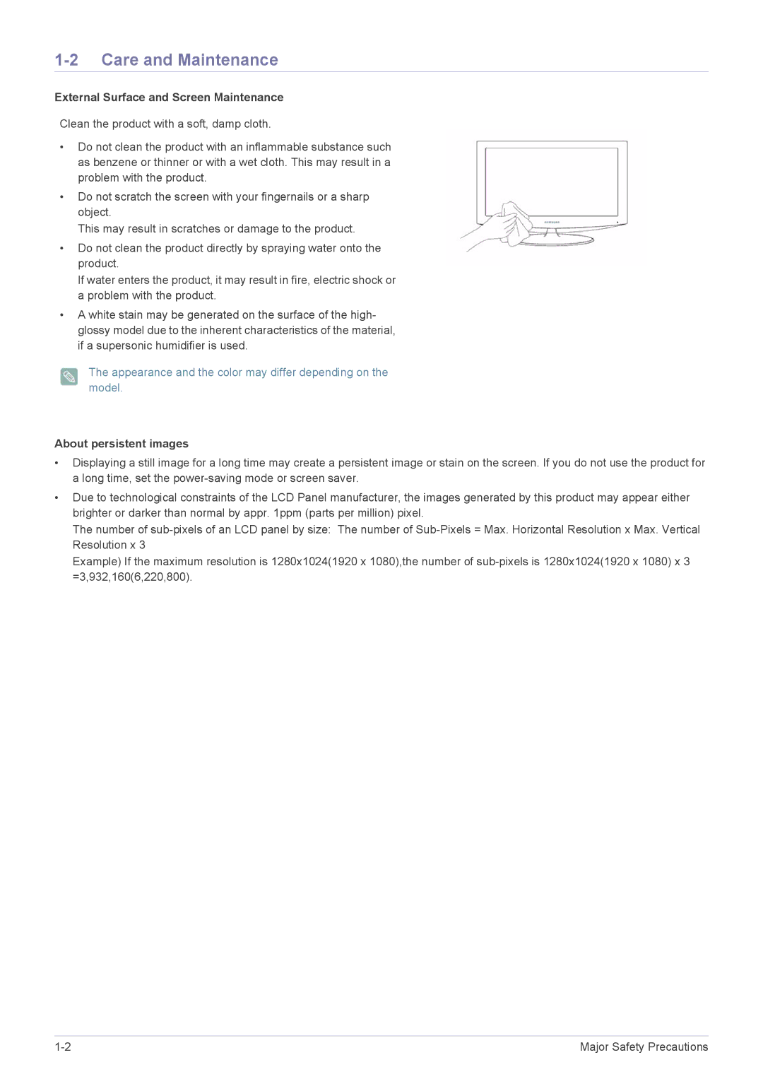 Samsung LF24MGSLBP/EN manual Care and Maintenance, External Surface and Screen Maintenance, About persistent images 