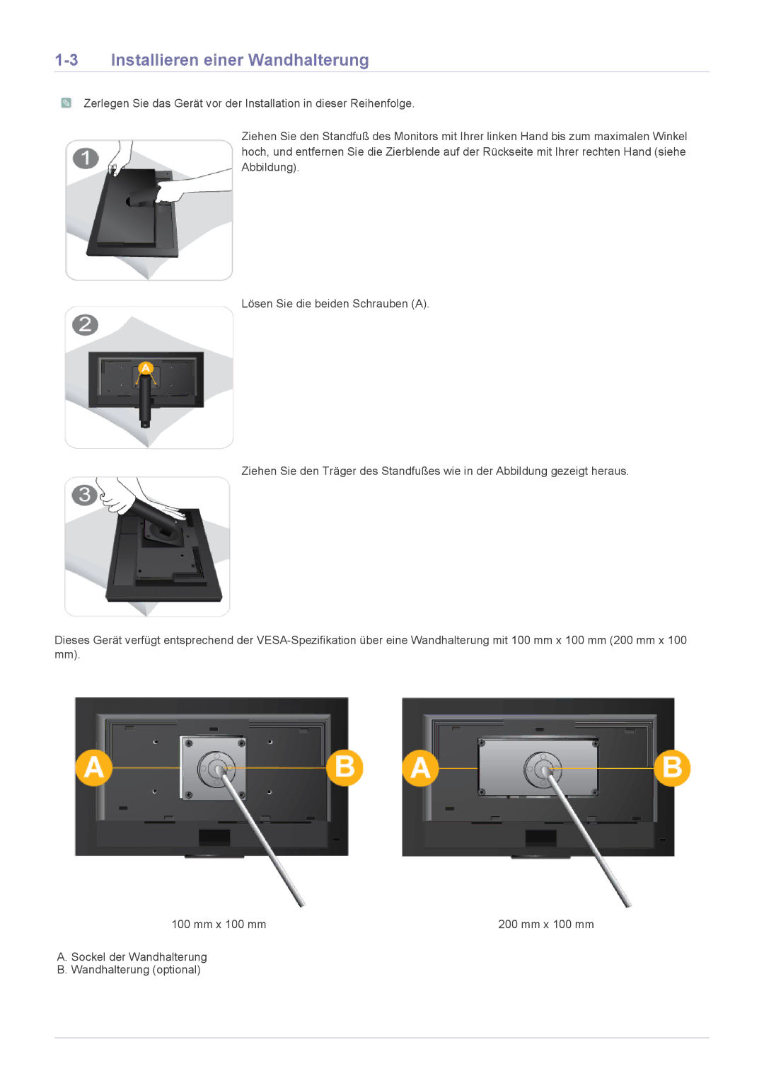 Samsung LF24MGSLBP/EN, LF24MGSLB2/EN, LF24MGSLB1/EN, LF24MGSLBR/EN, LF19MGSLBR/EN manual Installieren einer Wandhalterung 