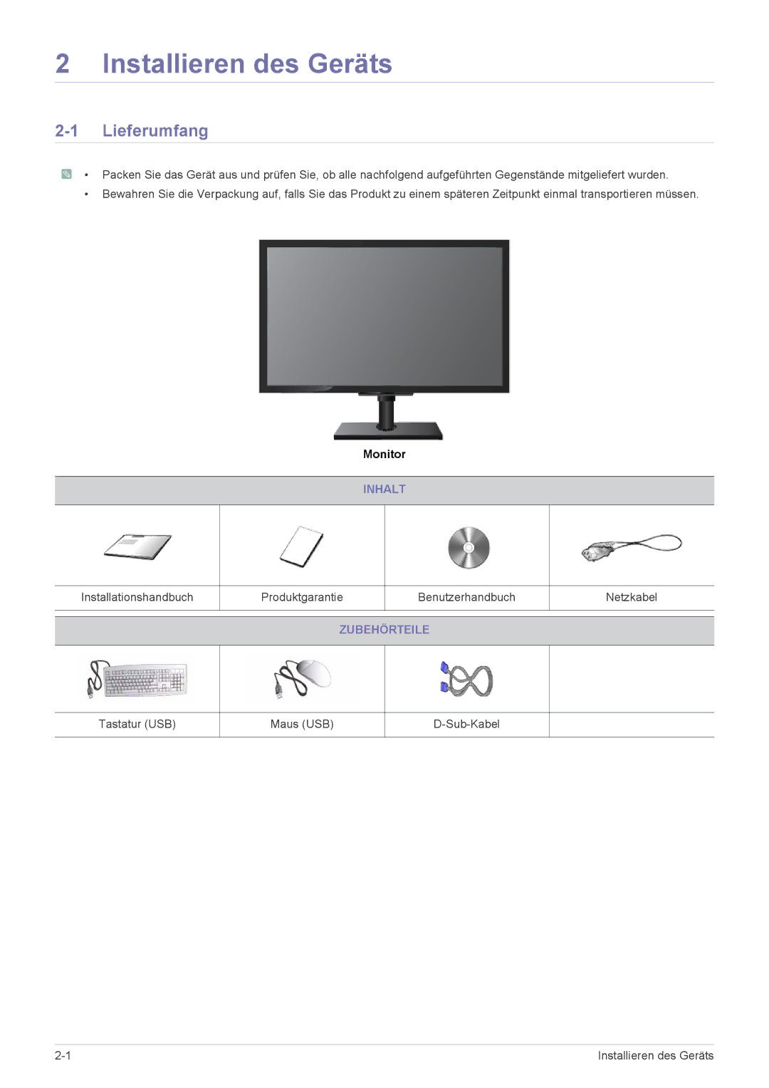 Samsung LF19MGSLBP/EN, LF24MGSLB2/EN, LF24MGSLB1/EN manual Installieren des Geräts, Lieferumfang, Inhalt, Zubehörteile 