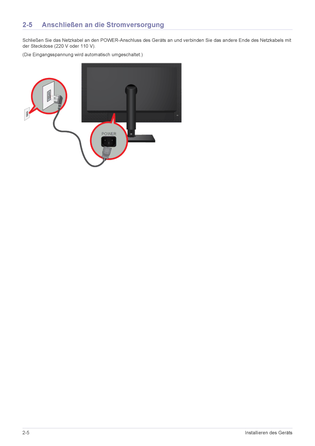 Samsung LF19MGSLBR/EN, LF24MGSLB2/EN, LF24MGSLB1/EN, LF24MGSLBR/EN, LF19MGSLBP/EN manual Anschließen an die Stromversorgung 