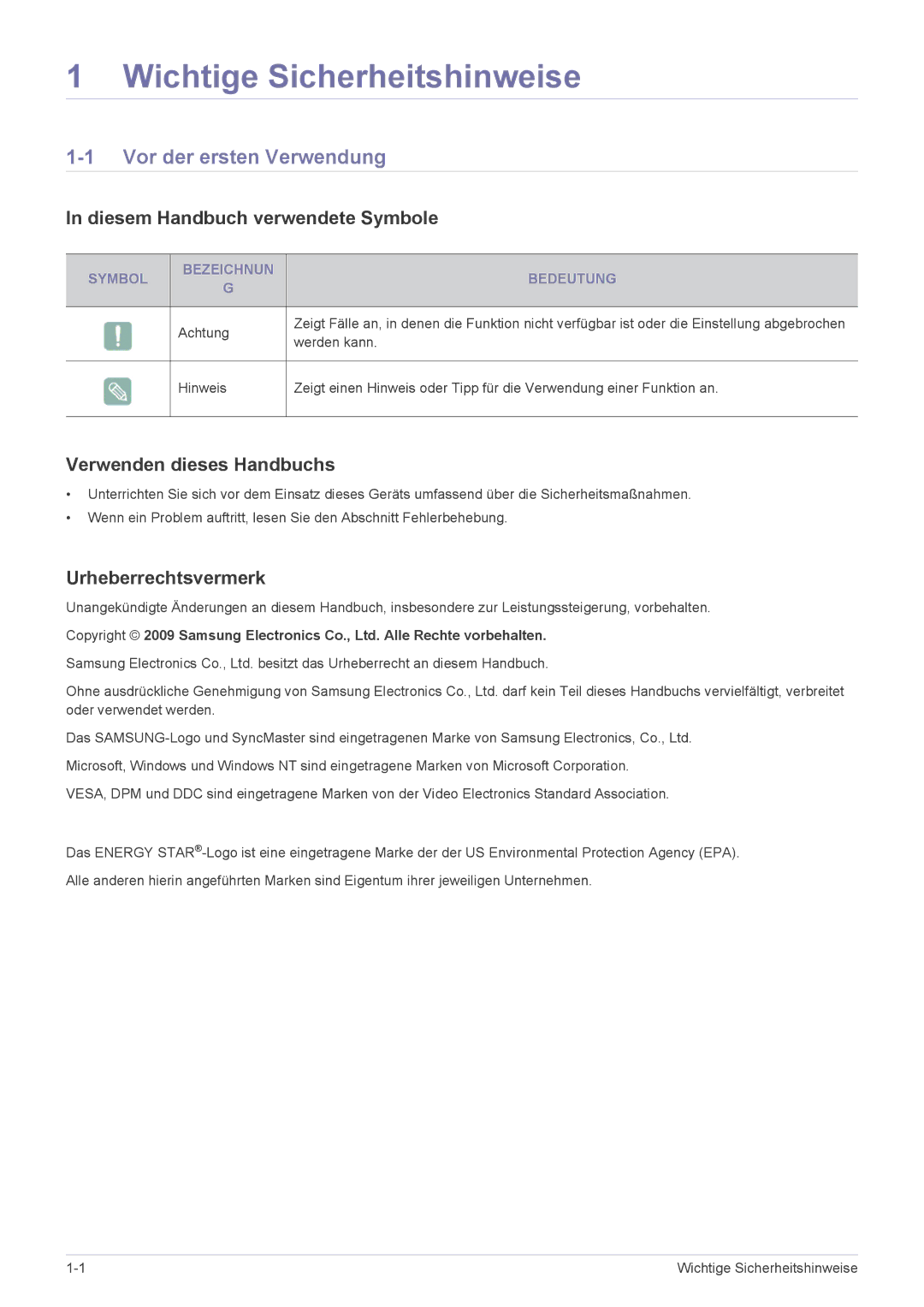 Samsung LF19MGSLBR/EN manual Wichtige Sicherheitshinweise, Vor der ersten Verwendung, Diesem Handbuch verwendete Symbole 