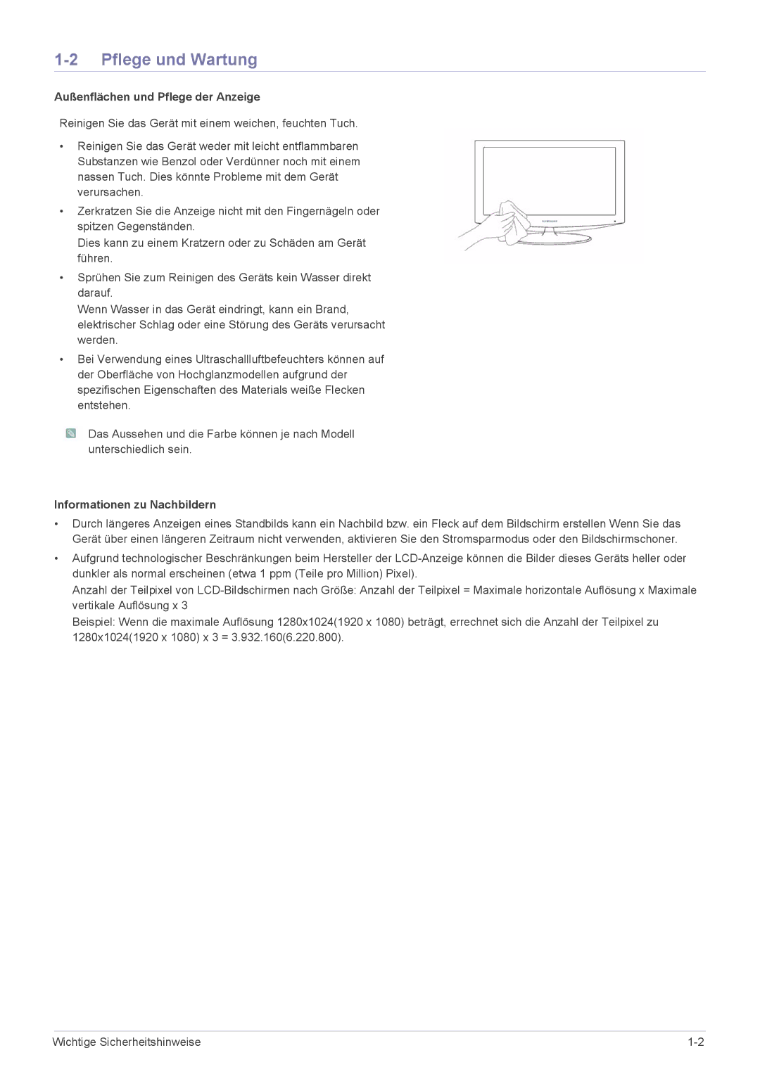 Samsung LF19MGSLBP/EN, LF24MGSLB2/EN Pflege und Wartung, Außenflächen und Pflege der Anzeige, Informationen zu Nachbildern 