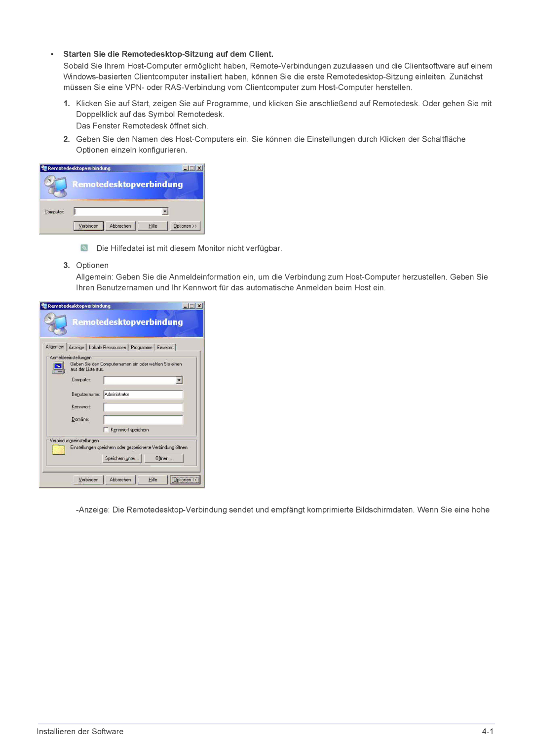 Samsung LF24MGSLBP/EN, LF24MGSLB2/EN, LF24MGSLB1/EN, LF24MGSLBR/EN manual Starten Sie die Remotedesktop-Sitzung auf dem Client 