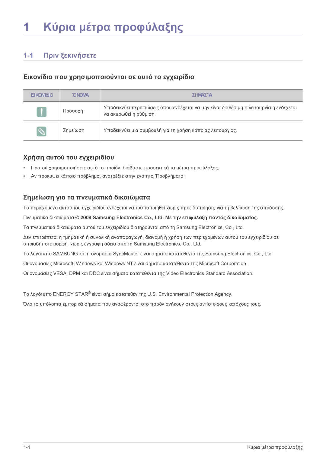 Samsung LF19MGWLBM/EN manual Κύρια μέτρα προφύλαξης, Πριν ξεκινήσετε, Εικονίδια που χρησιμοποιούνται σε αυτό το εγχειρίδιο 