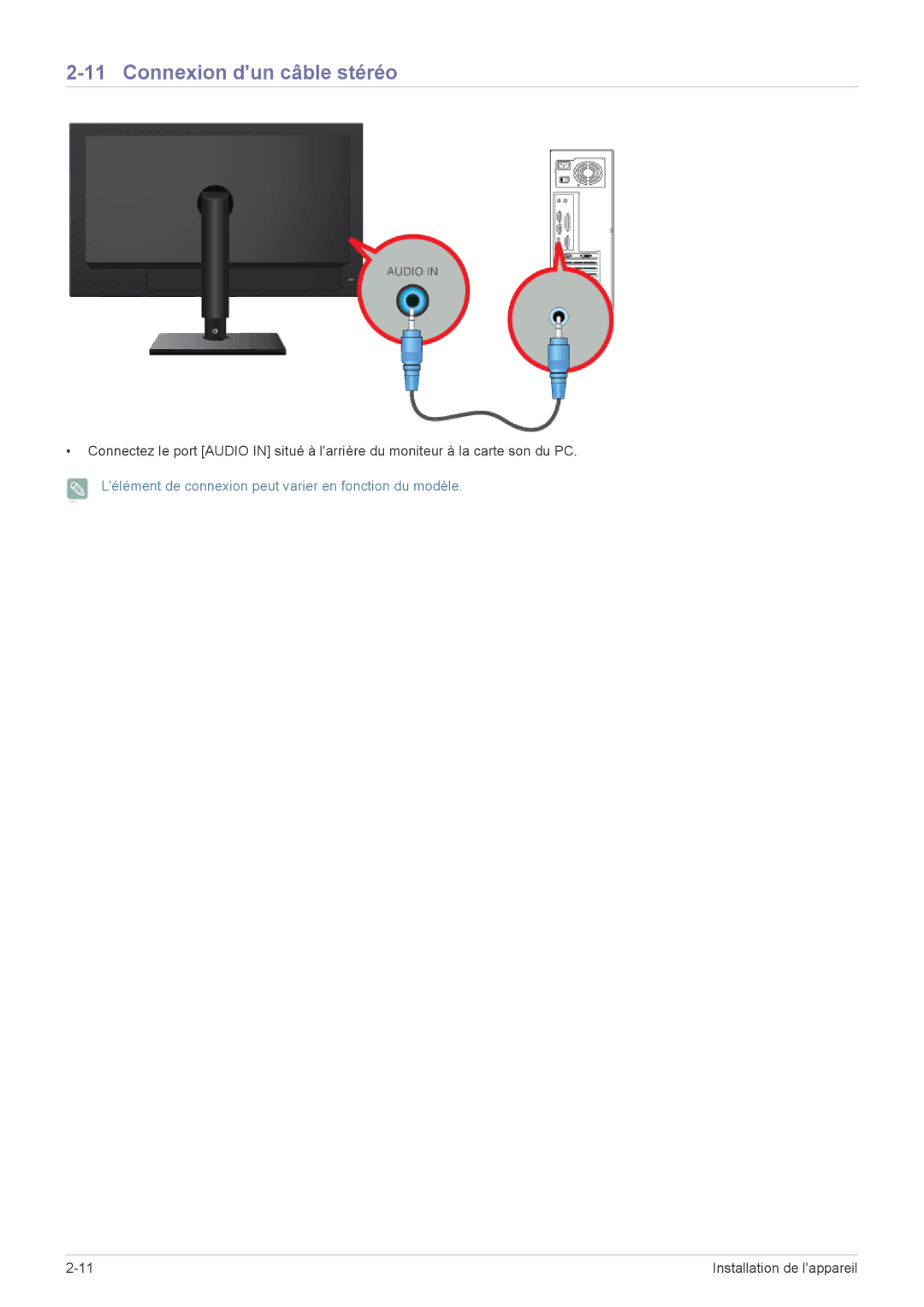 Samsung LF19MGSLBR/EN, LF24MGSLBR/EN, LF19MGSLBP/EN, LF24MGSLBP/EN, LF19MGWLBM/EN, LF19MGSLBM/EN Connexion dun câble stéréo 