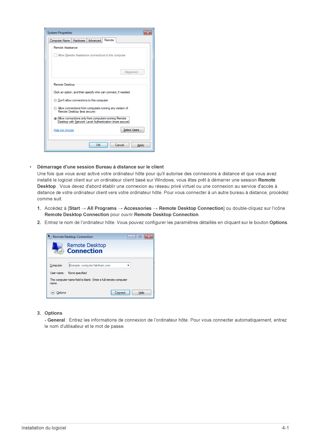 Samsung LF19MGSLBP/EN, LF24MGSLBR/EN, LF19MGSLBR/EN manual Démarrage dune session Bureau à distance sur le client, Options 