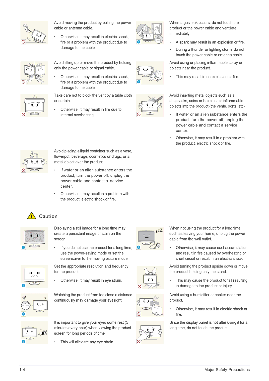 Samsung LF19MGWLBM/EN, LF24MGSLBR/EN, LF19MGSLBR/EN, LF19MGSLBP/EN, LF24MGSLBP/EN, LF19MGSLBM/EN manual Major Safety Precautions 