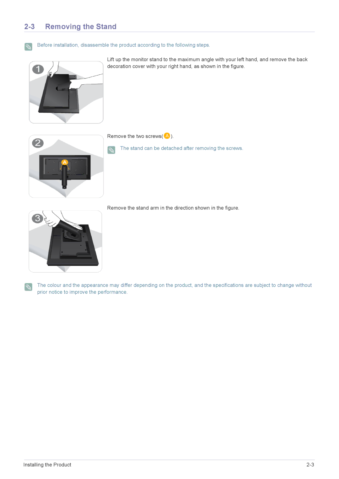 Samsung LF19MGSLBP/EN, LF24MGSLBR/EN, LF19MGSLBR/EN, LF24MGSLBP/EN, LF19MGWLBM/EN, LF19MGSLBM/EN manual Removing the Stand 