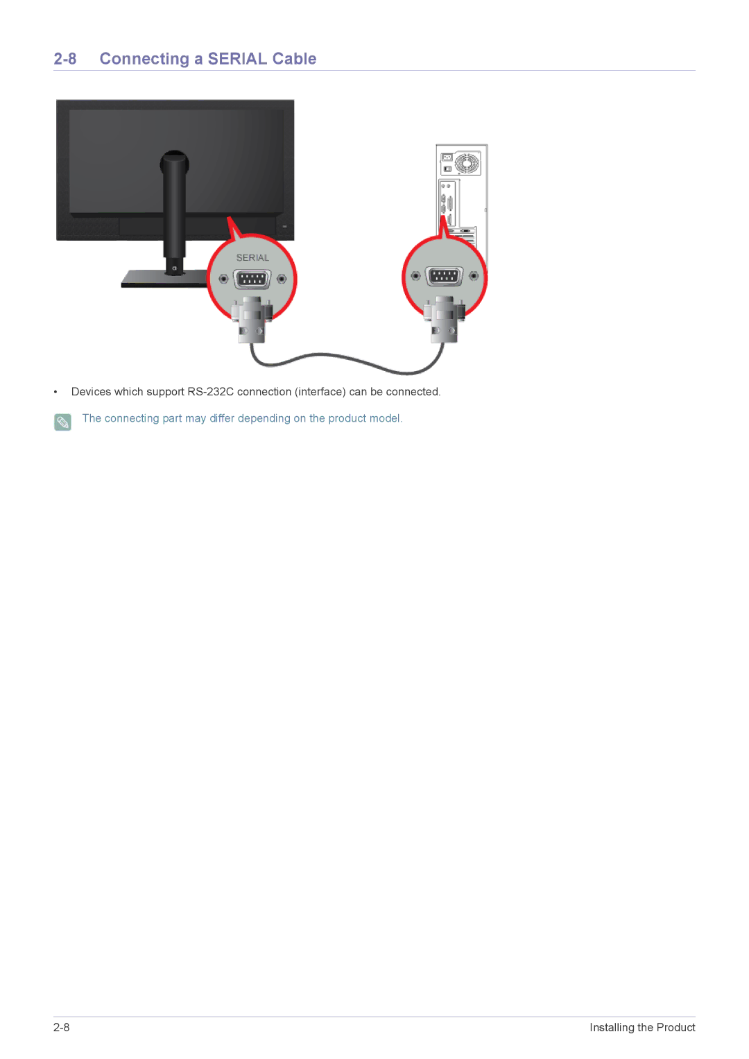 Samsung LF24MGSLBR/EN, LF19MGSLBR/EN, LF19MGSLBP/EN, LF24MGSLBP/EN, LF19MGWLBM/EN, LF19MGSLBM/EN Connecting a Serial Cable 