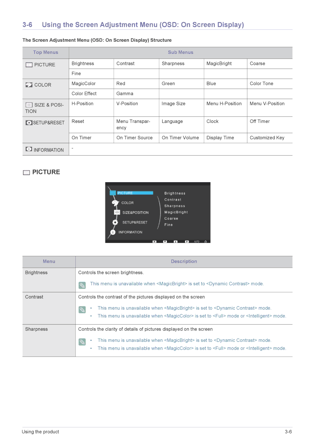 Samsung LF19MGSLBR/EN, LF24MGSLBR/EN, LF19MGSLBP/EN, LF24MGSLBP/EN Using the Screen Adjustment Menu OSD On Screen Display 