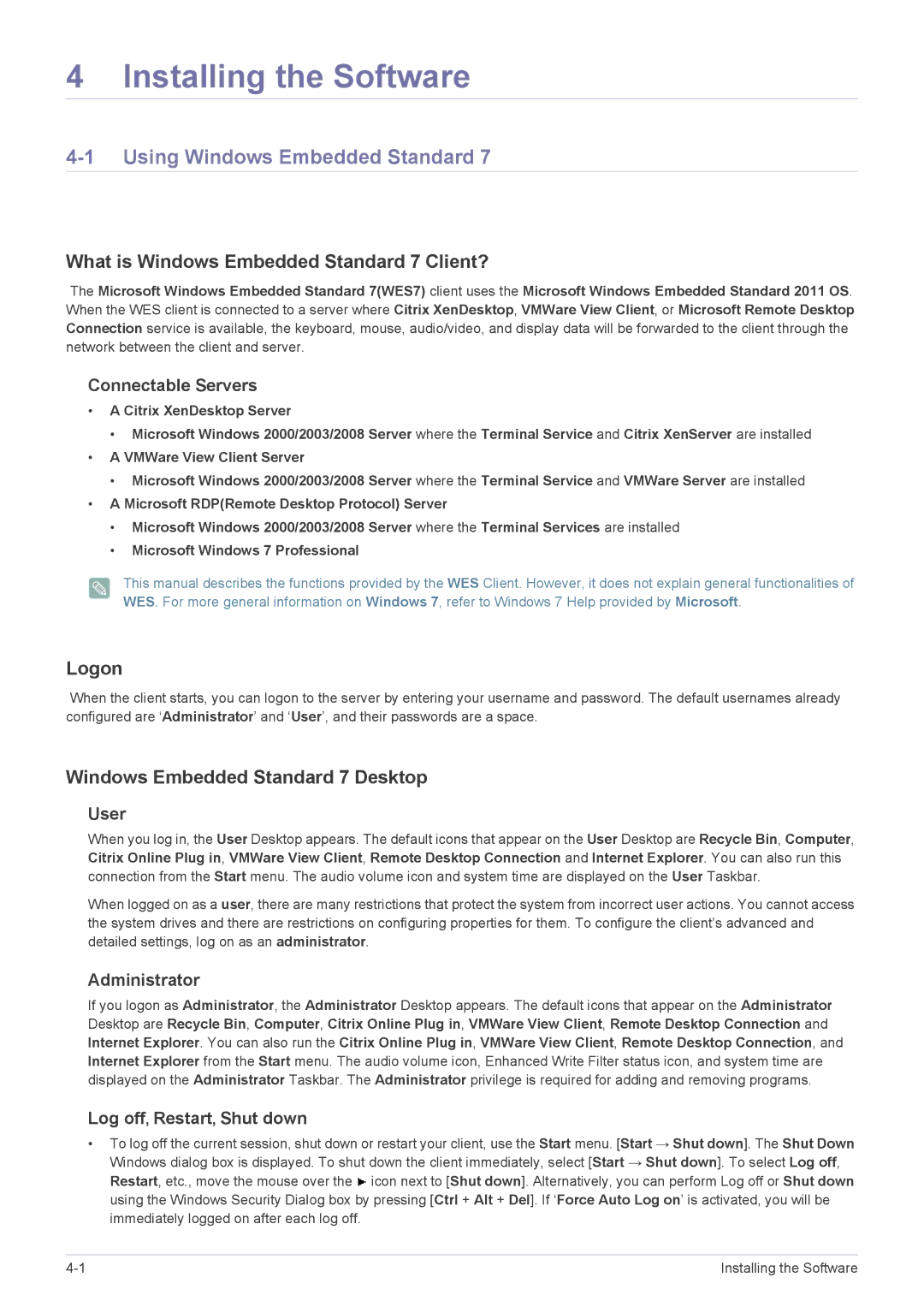 Samsung LF24MGSLBM/EN, LF24MGSLBR/EN Using Windows Embedded Standard, What is Windows Embedded Standard 7 Client?, Logon 