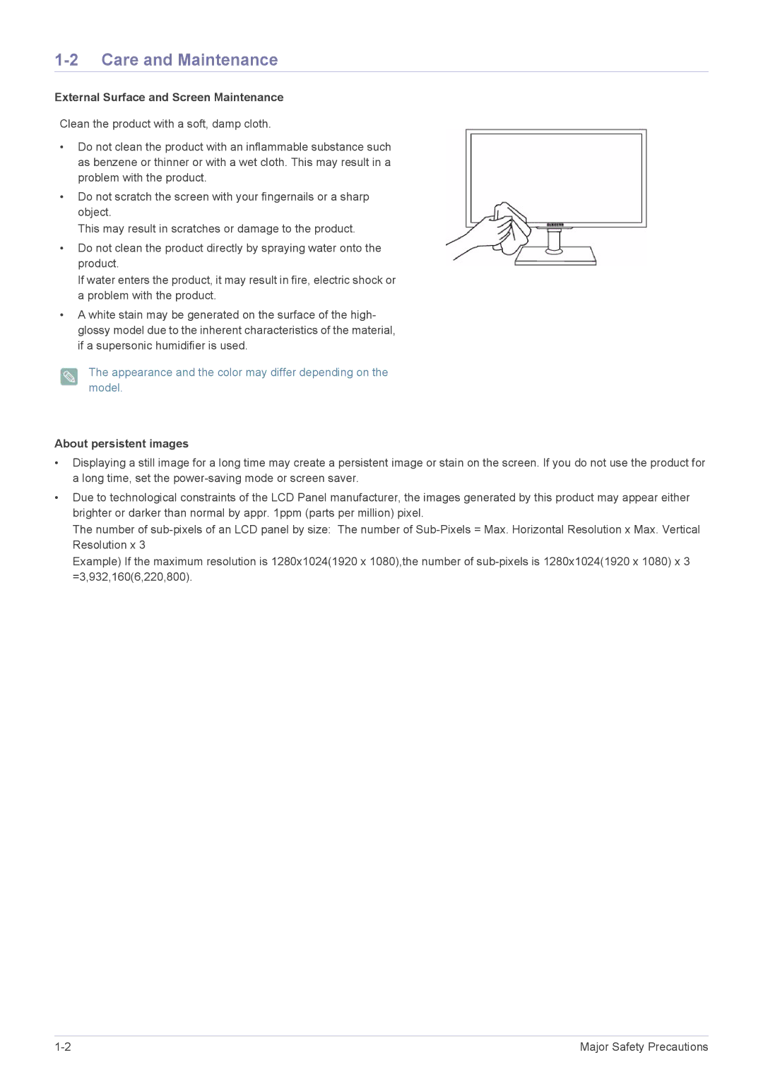 Samsung LF19MGSLBM/EN manual Care and Maintenance, External Surface and Screen Maintenance, About persistent images 