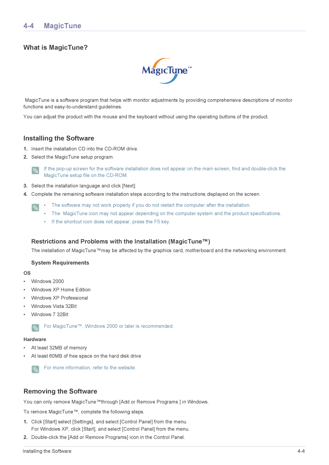 Samsung LF24MGSLBP/EN, LF24MGSLBR/EN manual What is MagicTune?, Installing the Software, Removing the Software, Hardware 