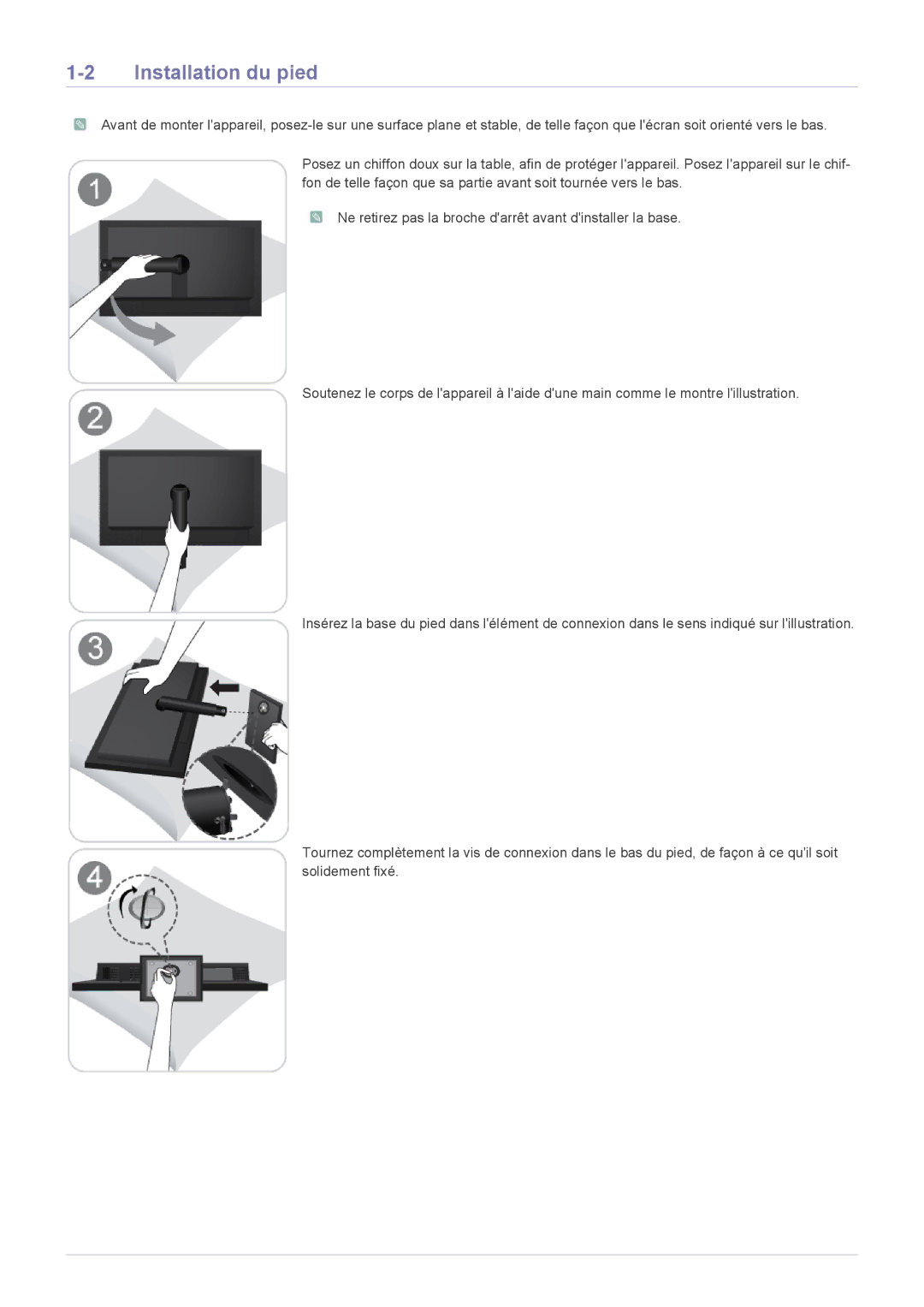 Samsung LF24MGSLBP/EN, LF24MGSLBR/EN, LF19MGSLBR/EN, LF19MGSLBP/EN, LF19MGWLBM/EN, LF19MGSLBM/EN manual Installation du pied 