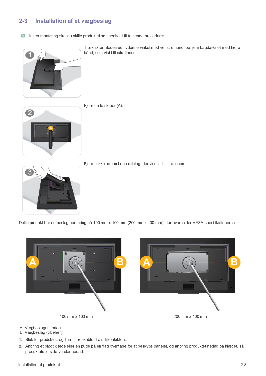 Samsung LF24MGSLBR/EN, LF19MGSLBR/EN manual Installation af et vægbeslag 