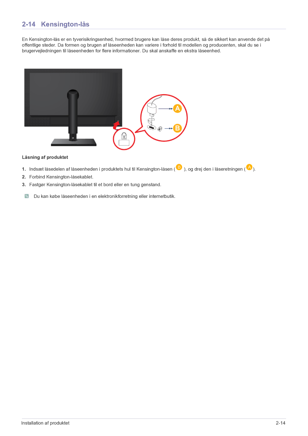 Samsung LF24MGSLBR/EN, LF19MGSLBR/EN manual Kensington-lås, Låsning af produktet 