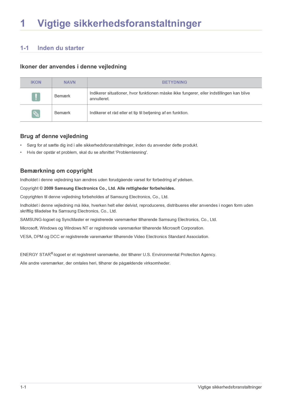 Samsung LF19MGSLBR/EN manual Vigtige sikkerhedsforanstaltninger, Inden du starter, Ikoner der anvendes i denne vejledning 