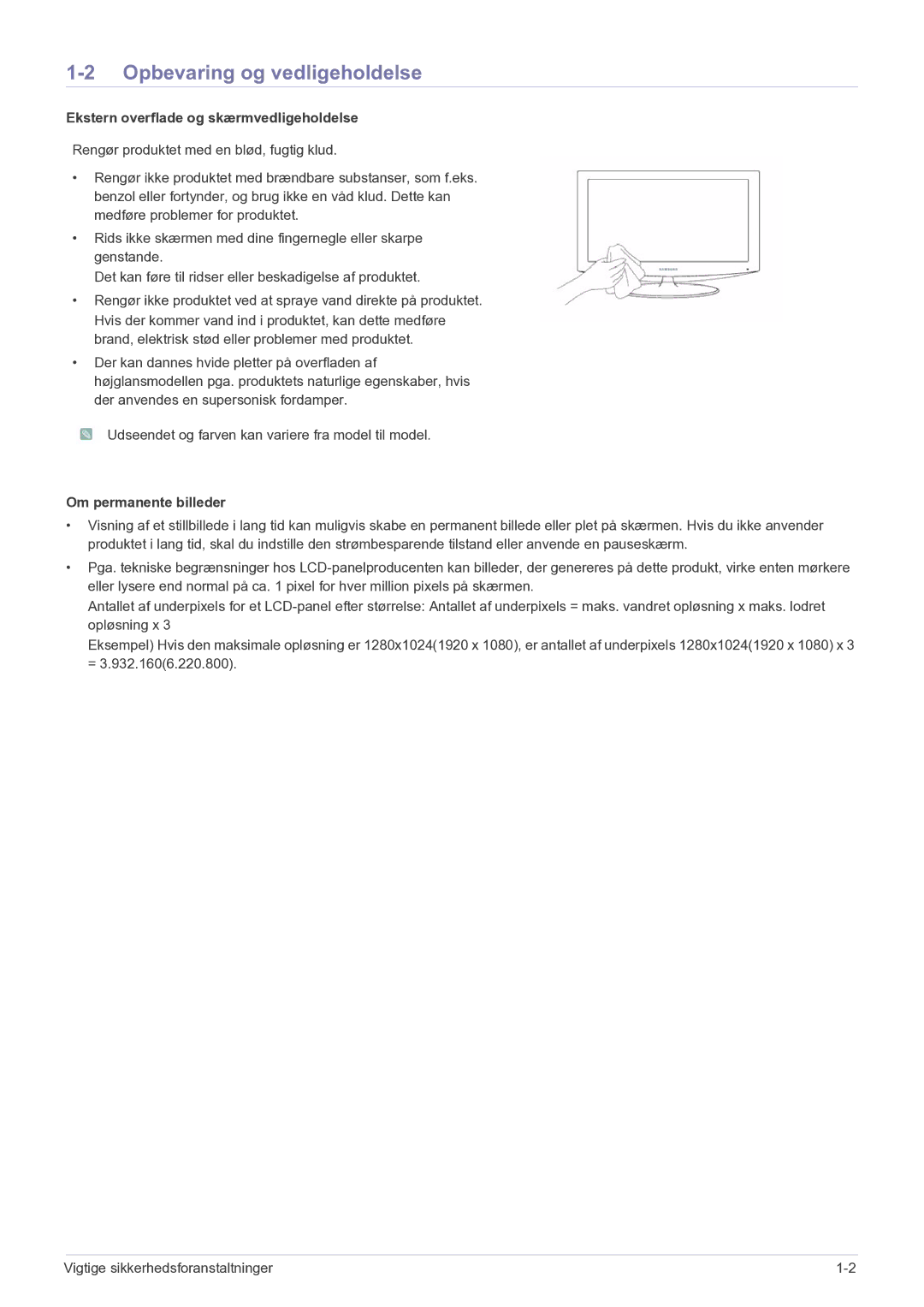 Samsung LF24MGSLBR/EN Opbevaring og vedligeholdelse, Ekstern overflade og skærmvedligeholdelse, Om permanente billeder 